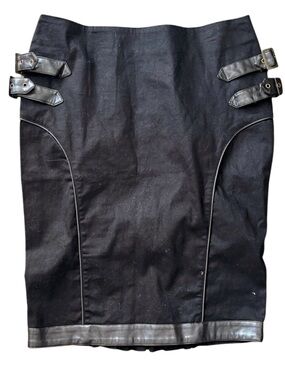 Spin Doctor Black Strap Buckle Pencil Midi Skirt Goth Steampunk Corporate Goth